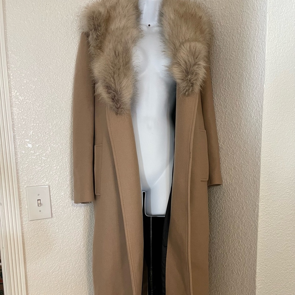 Zara long tan jacket faux fur trim